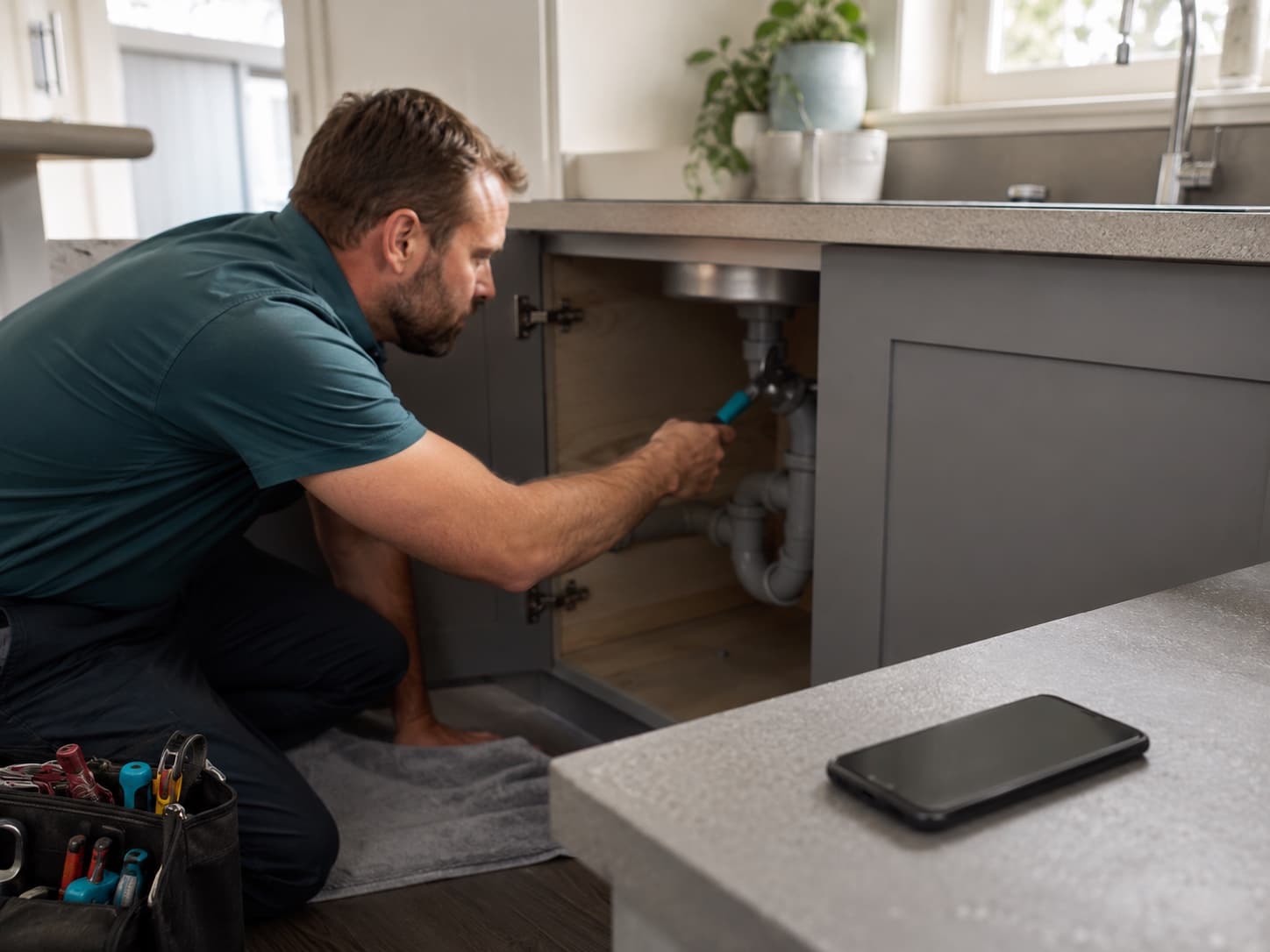 A home service technician mid-job with their phone out of reach