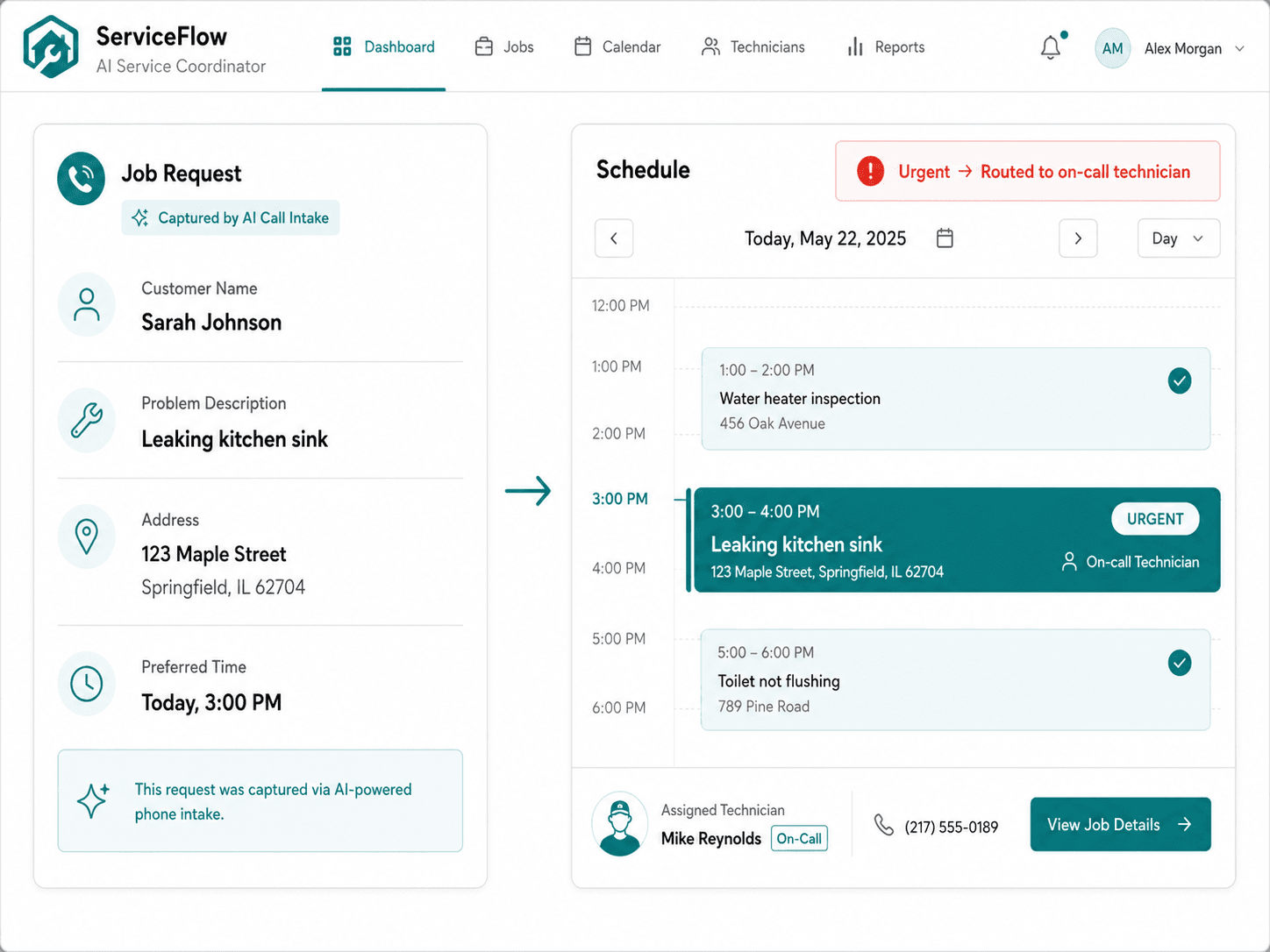 The AI coordinator capturing a job request and booking a calendar slot