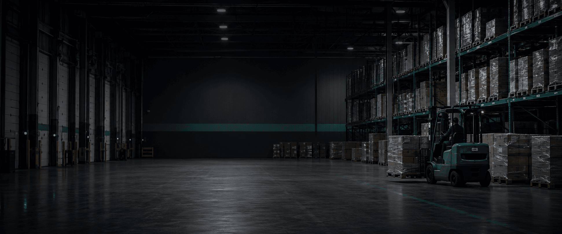 A wide view of a distribution warehouse with pallets and loading docks
