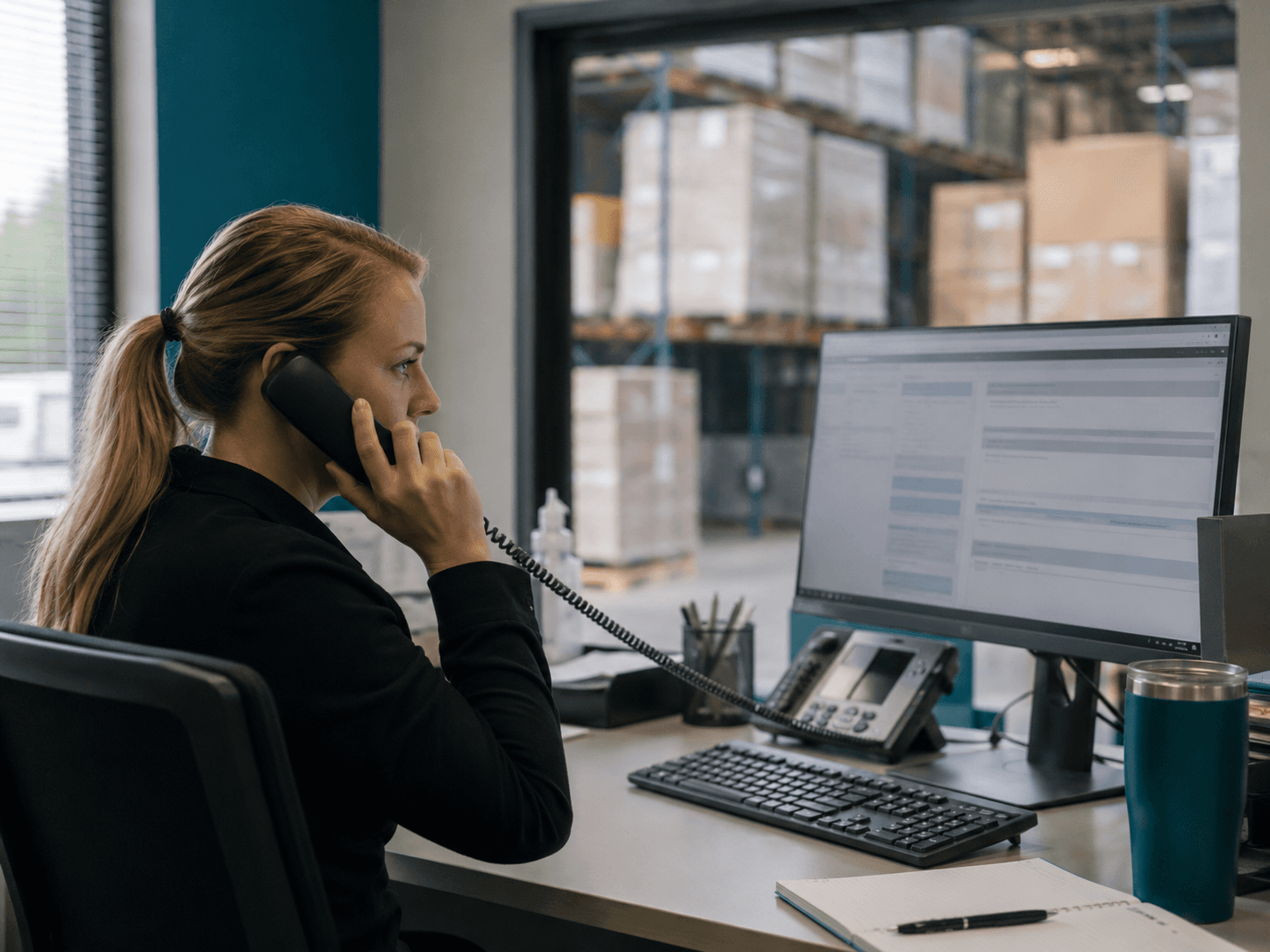 A customer service rep at a distribution office with a warehouse behind