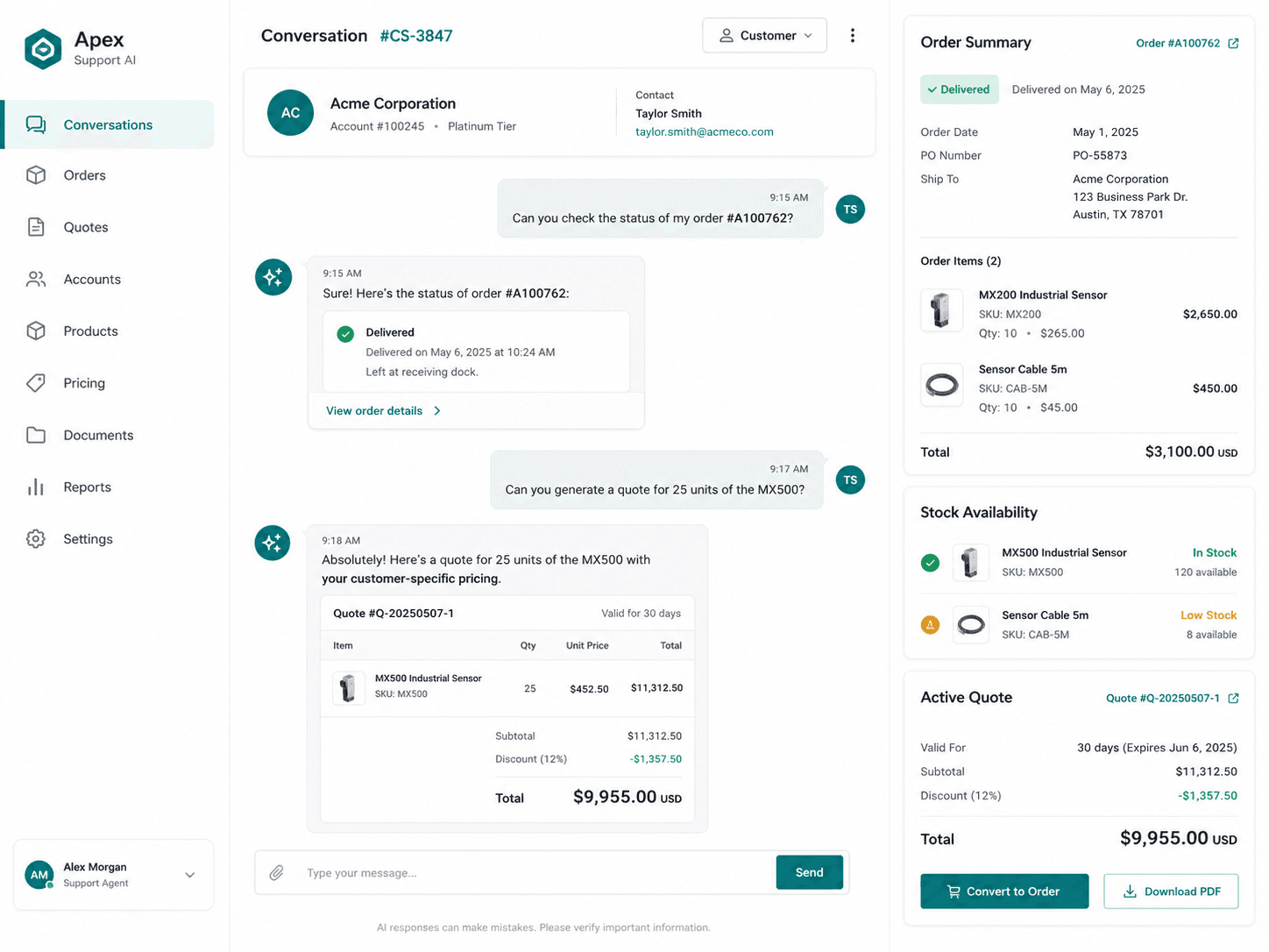 The AI answering an order-status question with customer-specific pricing