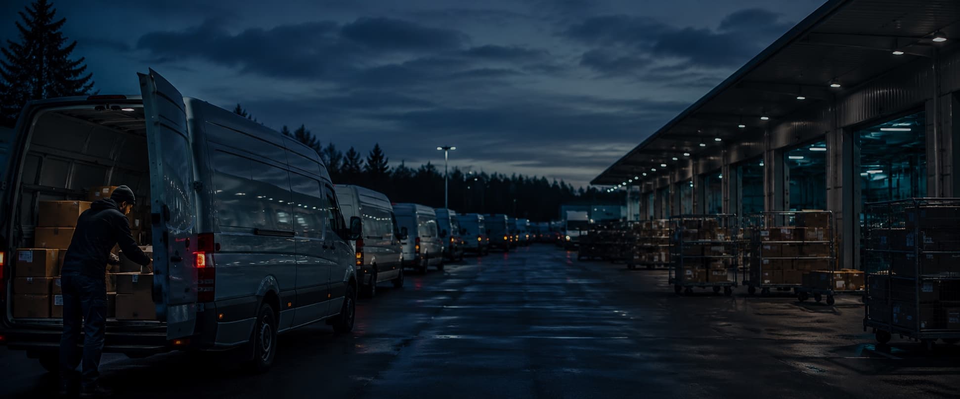 Delivery vans at a sorting facility