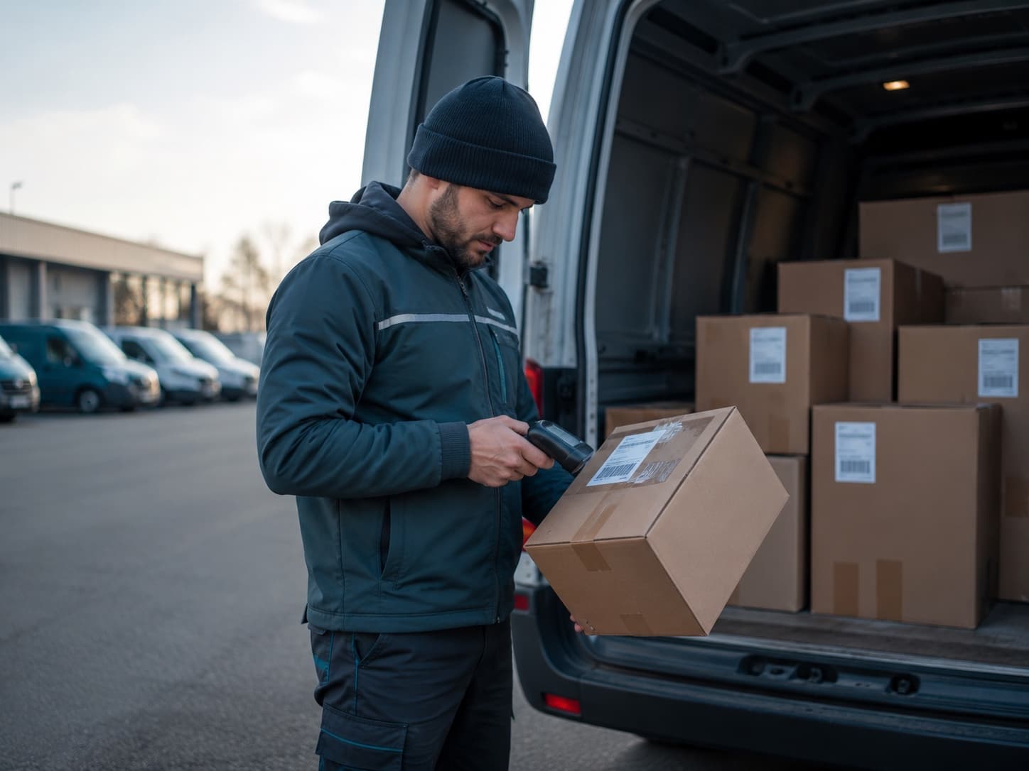 A courier scanning a package at a delivery van