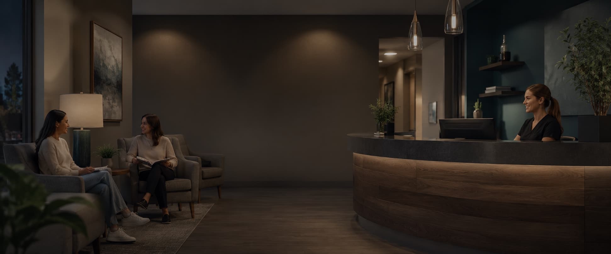 A warm practice reception and waiting area
