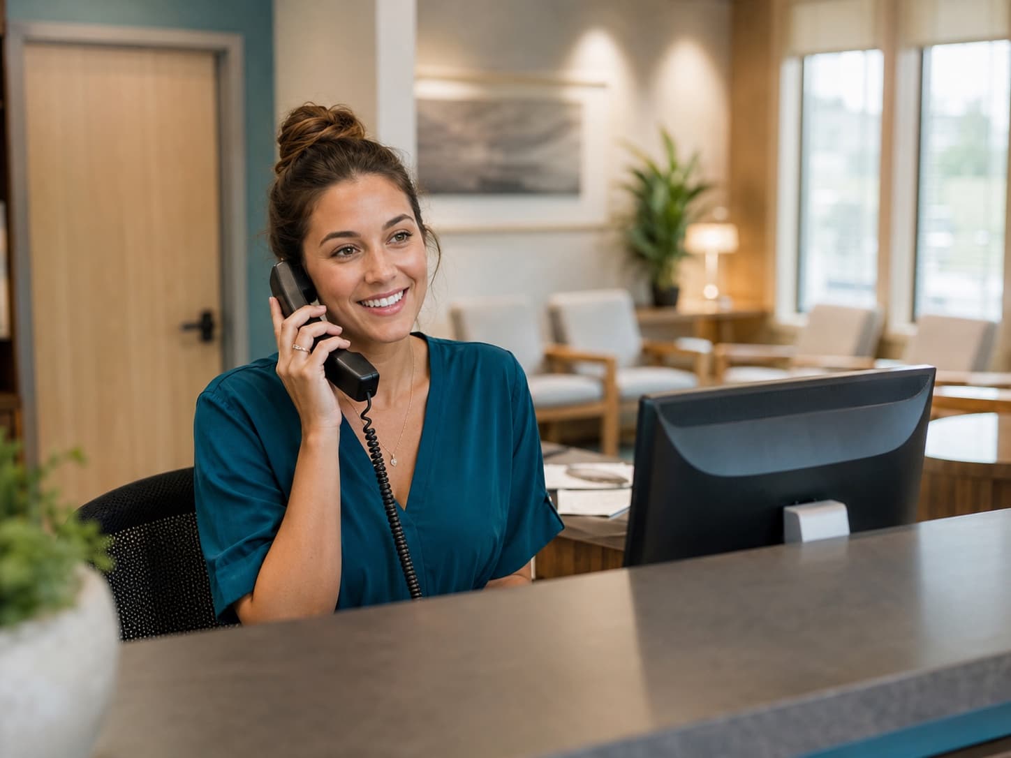 A practice receptionist on the phone with a waiting room behind them