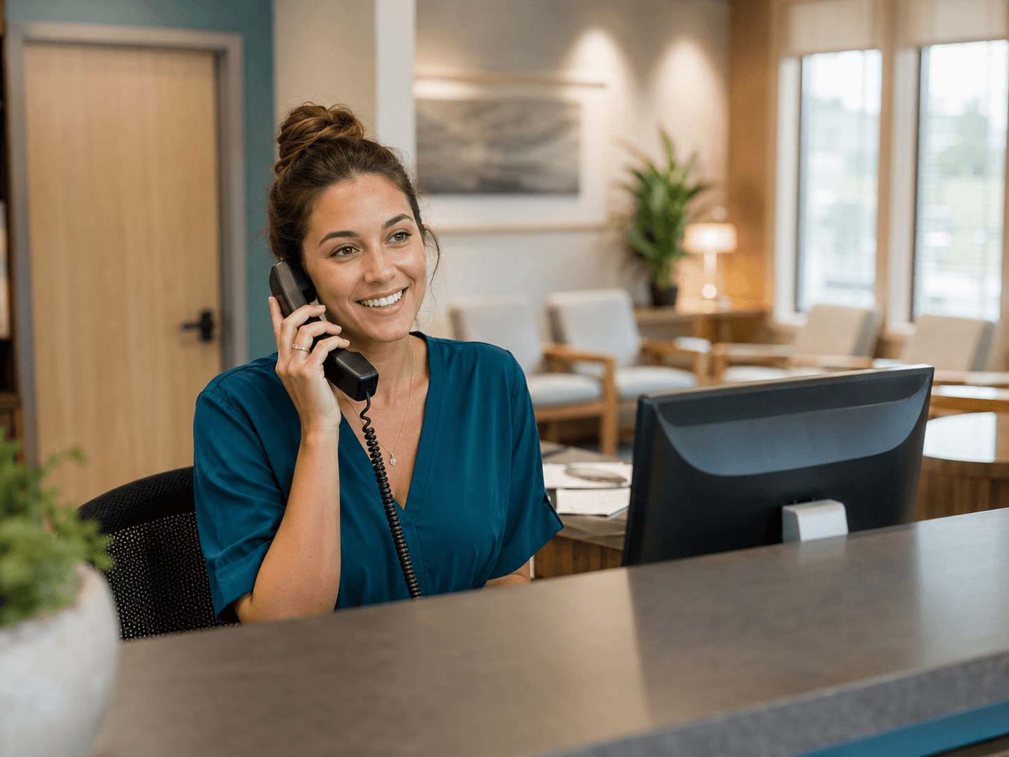 A practice receptionist on the phone with a waiting room behind them