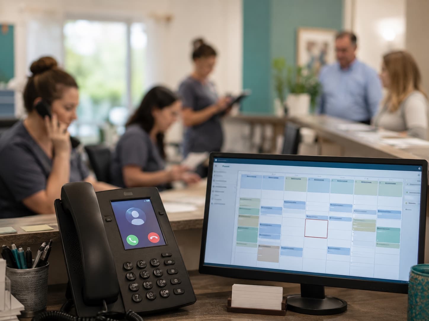 A ringing phone beside a calendar with a no-show gap marked