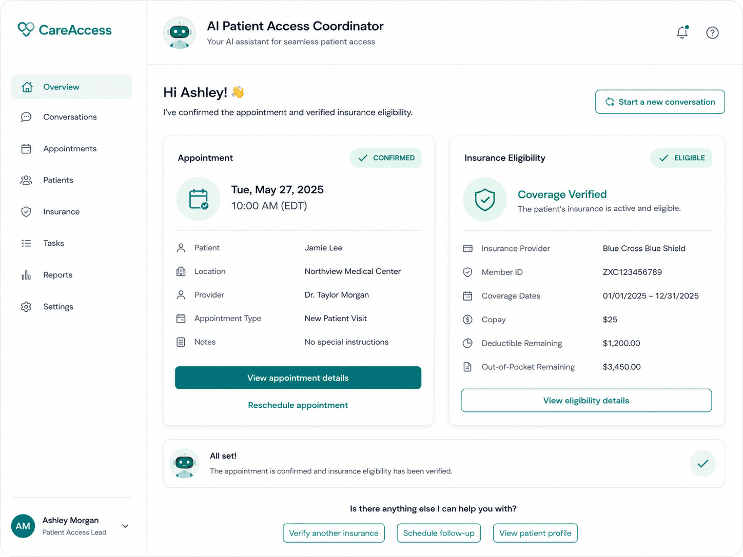 The AI confirming an appointment and verifying insurance eligibility