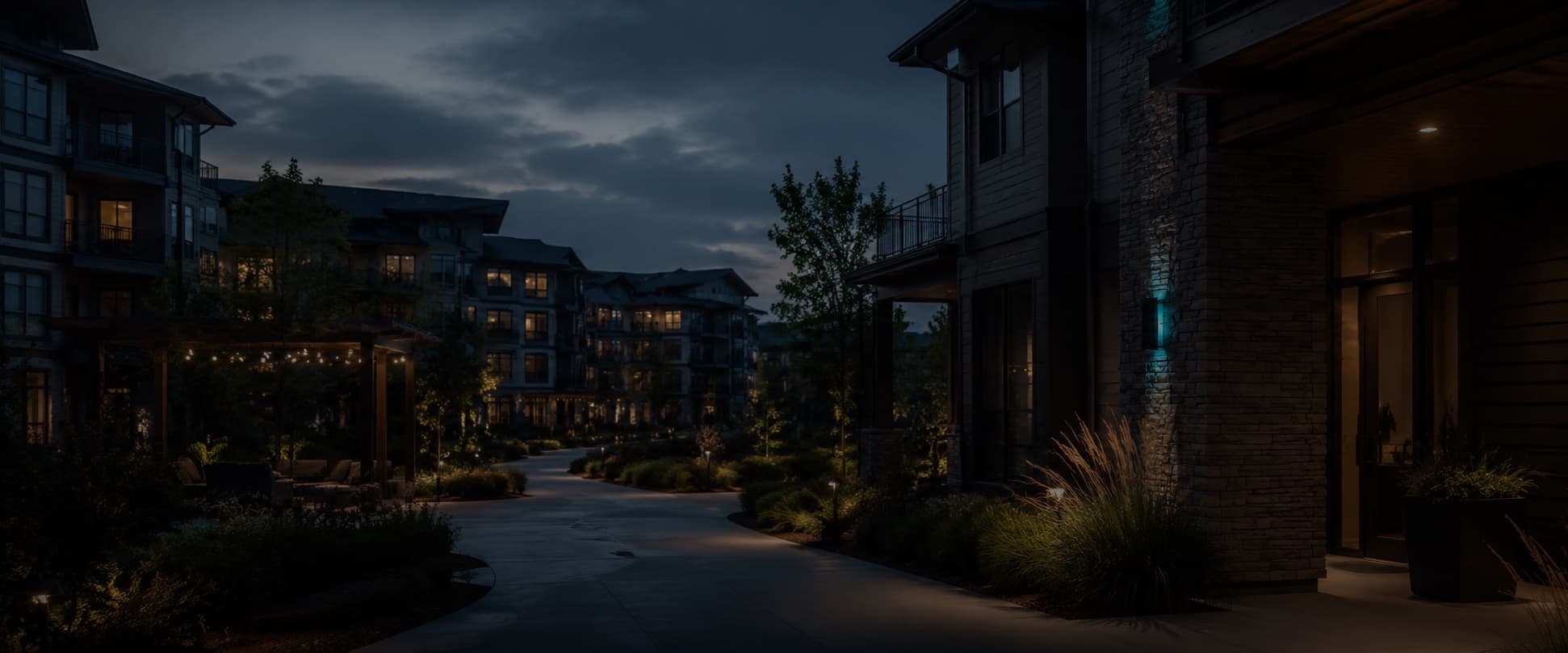 A residential apartment community exterior