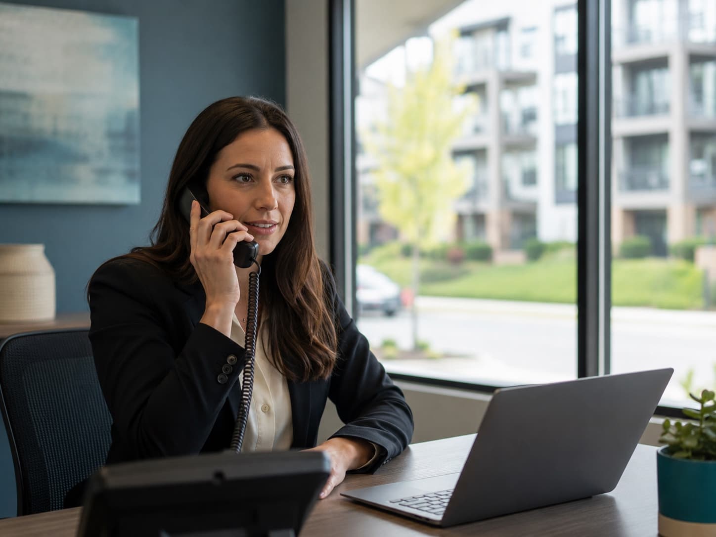 A property manager at a desk on a call, a residential community in view