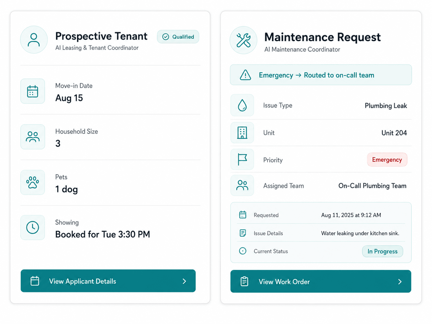 The AI qualifying a prospect and logging a maintenance work order