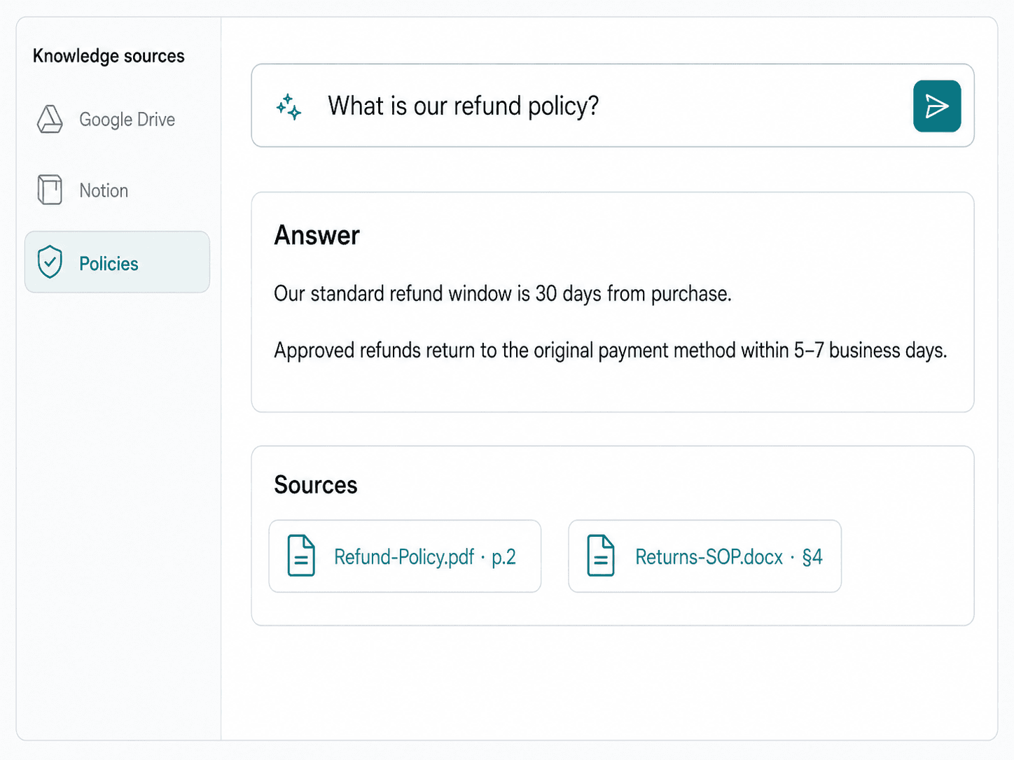 A source-linked answer from the knowledge assistant
