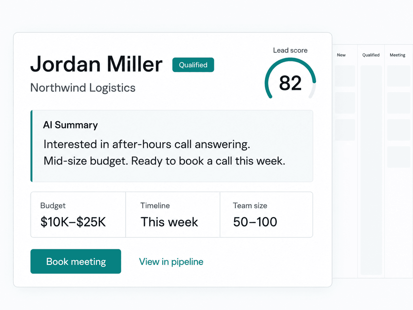 A qualified lead summary landing in a CRM