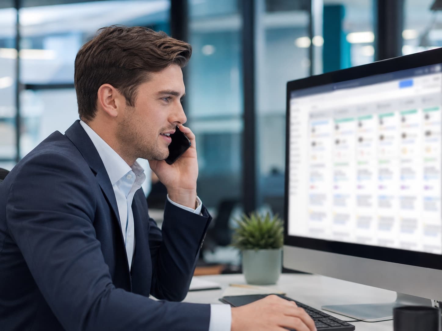 A sales rep on a call or a CRM pipeline view