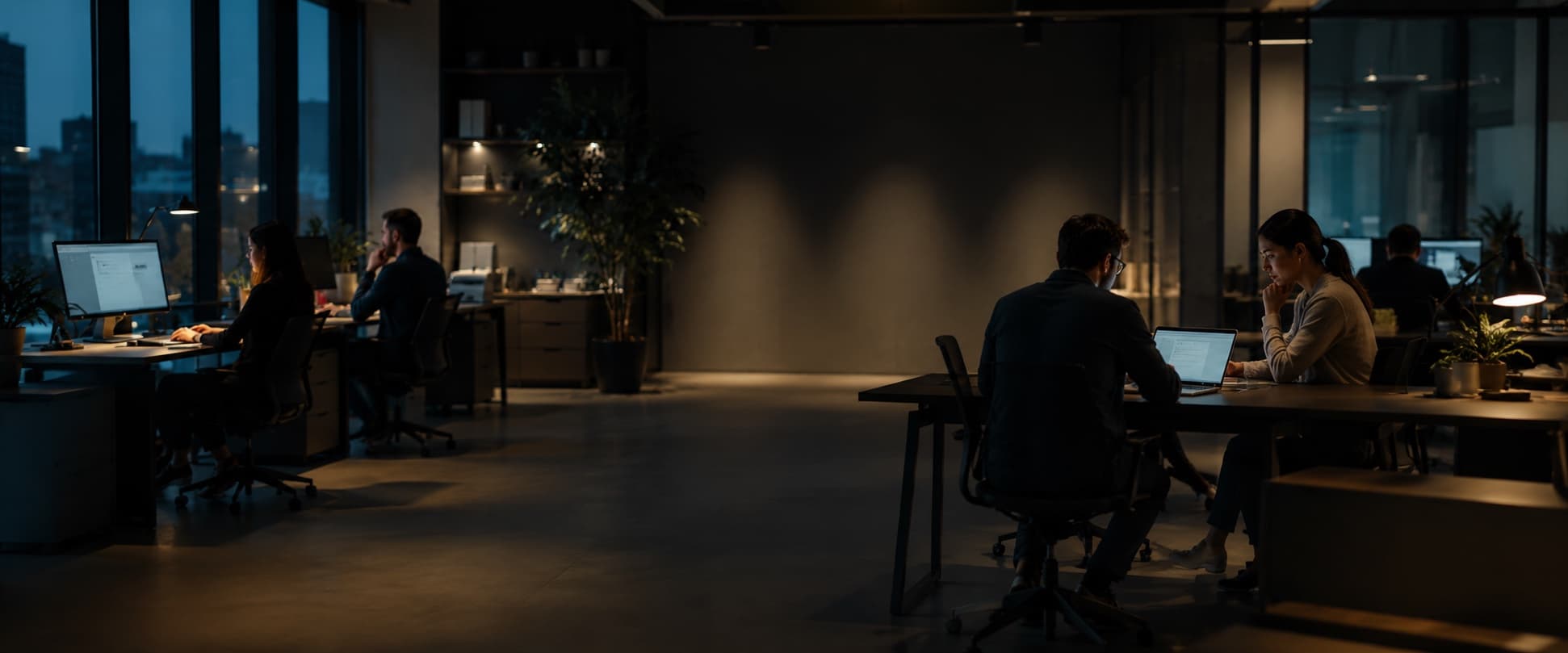 A wide, atmospheric workplace scene